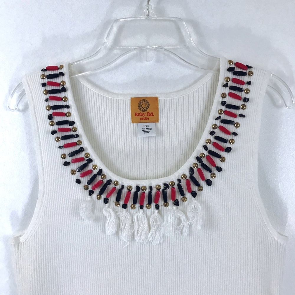 Ruby Rd. White Beaded Tassel Ribbed Tank Top PXL - Picture 3 of 7